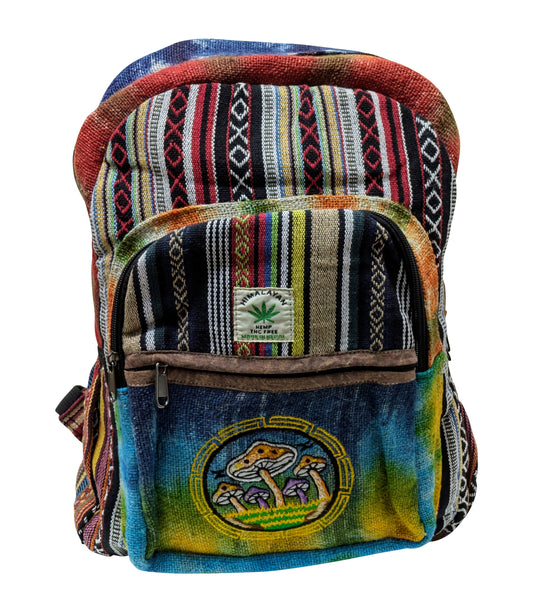 Himalayan Handmade Natural Hemp Cotton Tie-Dye Mushroom Embroidered Eco-Friendly Backpack with Multi Pockets Sustainable Travel Bag P5