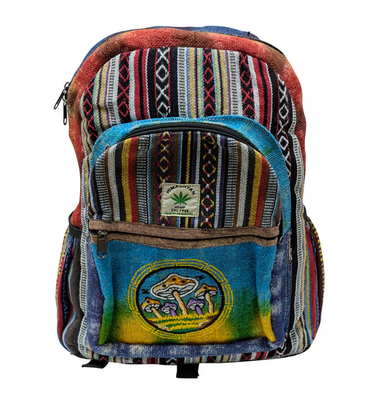 Himalayan Handmade Natural Hemp Cotton Tie-Dye Mushroom Embroidered Eco-Friendly Backpack with Multi Pockets Sustainable Travel Bag P1