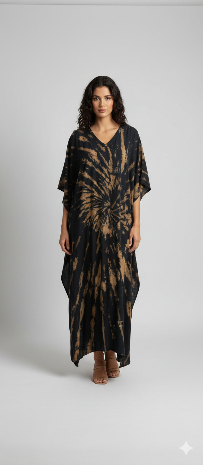 Women's Plus Size Kaftan Handmade Boho Tie-Dye Maxi Batwing Loungewear Free Size Up To 36 Black