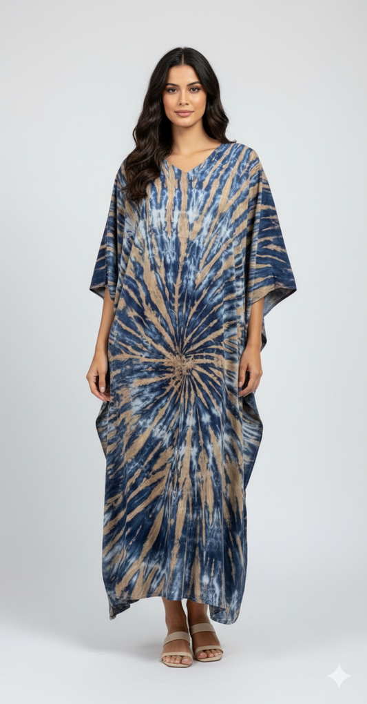 Women's Plus Size Kaftan Handmade Boho Tie-Dye Maxi Batwing Loungewear Free Size Up To 36  Blue