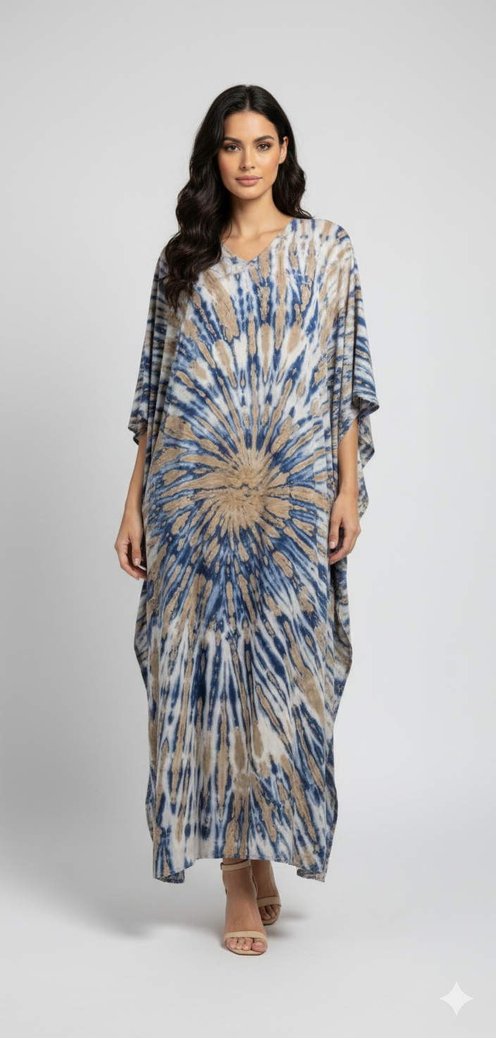 Women's Plus Size Kaftan Handmade Boho Tie-Dye Maxi Batwing Loungewear Free Size Up To 36 Cream