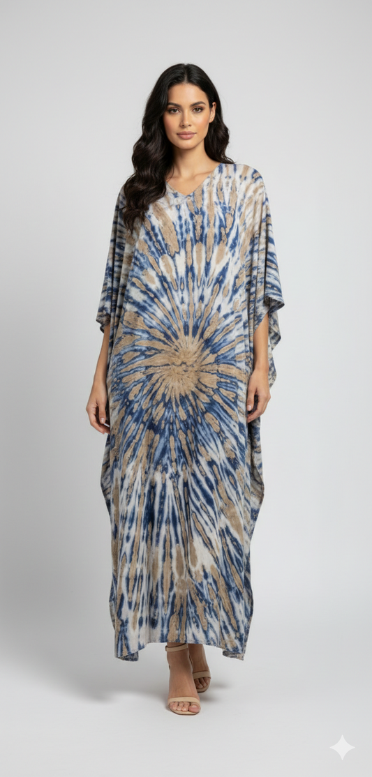 Women's Plus Size Kaftan Handmade Boho Tie-Dye Maxi Batwing Loungewear Free Size Up To 36 Cream