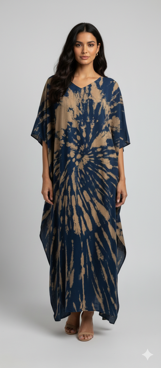 Women's Plus Size Kaftan Handmade Boho Tie-Dye Maxi Batwing Loungewear Free Size Up To 36 Navy