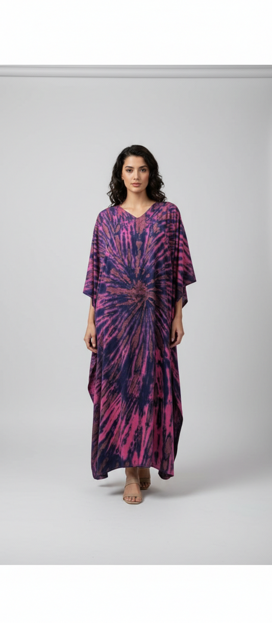 Women's Plus Size Kaftan Handmade Boho Tie-Dye Maxi Batwing Loungewear Free Size Up To 36  Pink