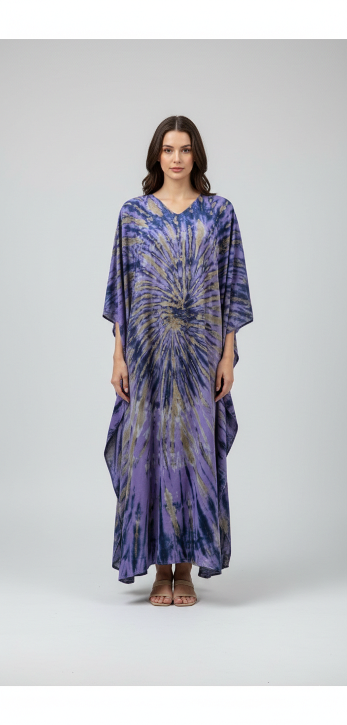Women's Plus Size Kaftan Handmade Boho Tie-Dye Maxi Batwing Loungewear Free Size Up To 36 Purple