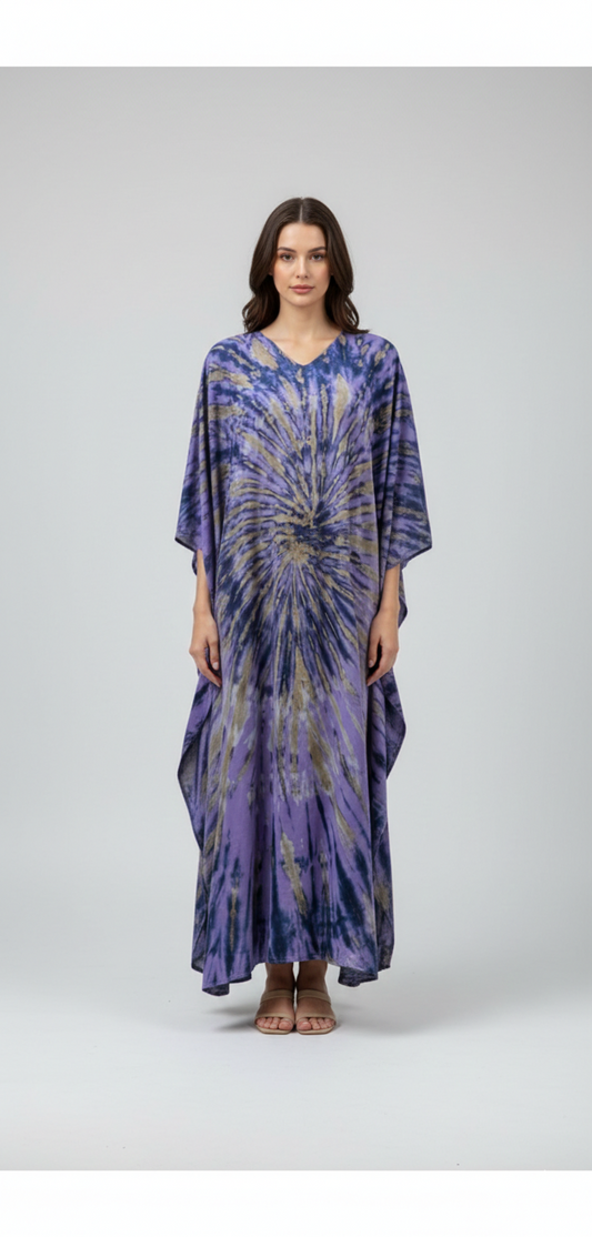 Women's Plus Size Kaftan Handmade Boho Tie-Dye Maxi Batwing Loungewear Free Size Up To 36 Purple