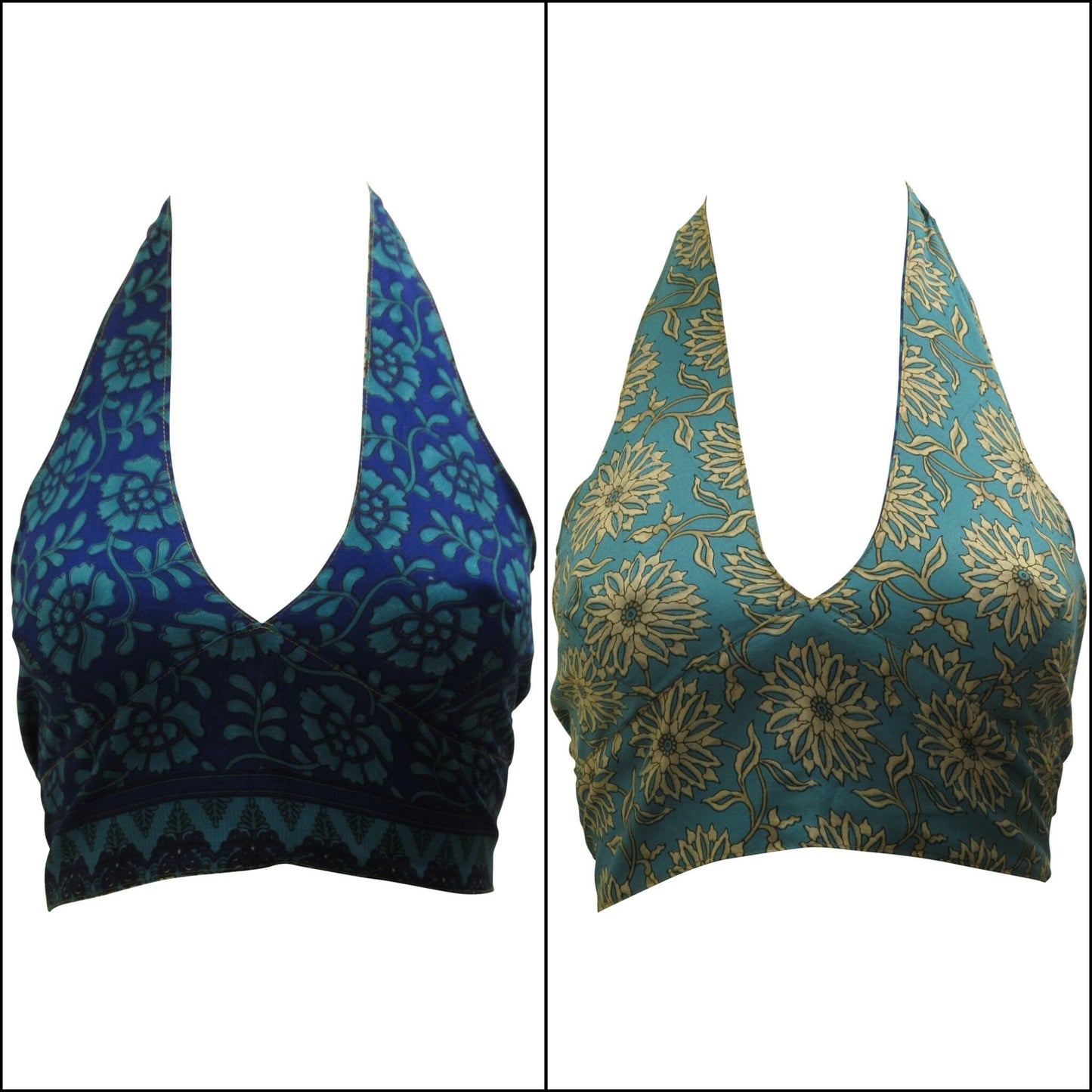 Recycled Reversible Retro Crop Top Boho Festival Halterneck Bralette One Size P100