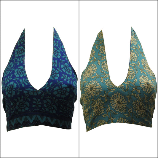 Recycled Reversible Retro Crop Top Boho Festival Halterneck Bralette One Size P100