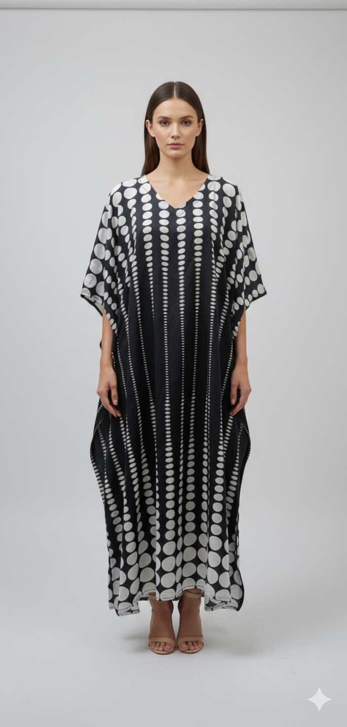 Women's Plus Size Kaftan Handmade Boho Polka Dot Maxi Batwing Loungewear Free Size Up To 36 Black