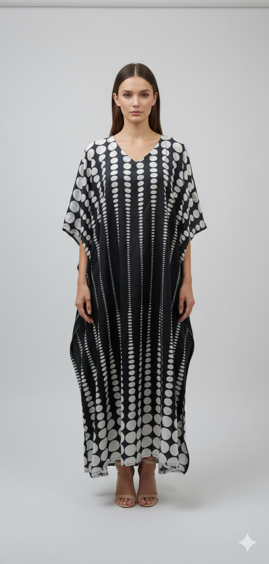 Women's Plus Size Kaftan Handmade Boho Polka Dot Maxi Batwing Loungewear Free Size Up To 36 Black