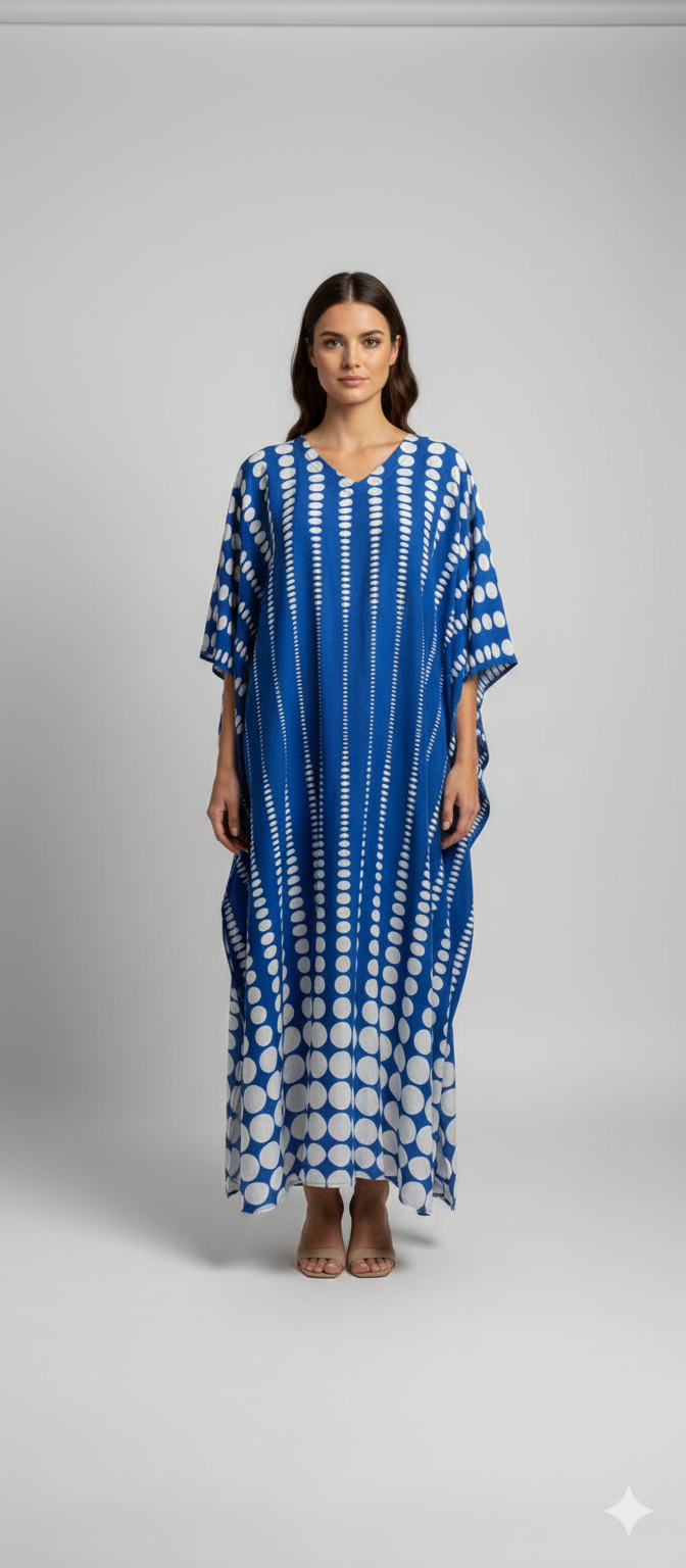 Women's Plus Size Kaftan Handmade Boho Polka Dot Maxi Batwing Loungewear Free Size Up To 36 Blue