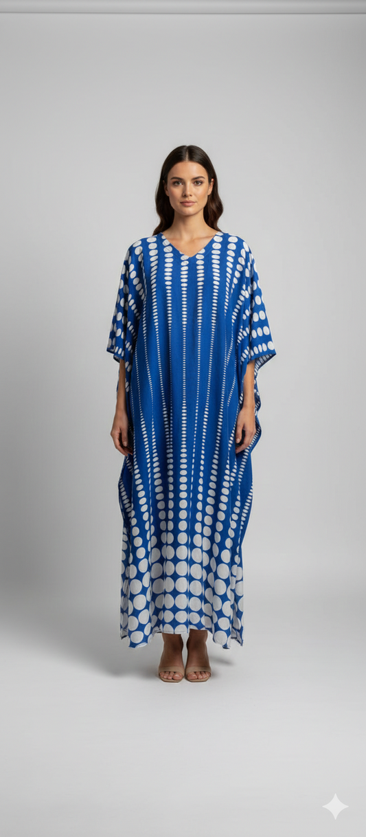 Women's Plus Size Kaftan Handmade Boho Polka Dot Maxi Batwing Loungewear Free Size Up To 36 Blue