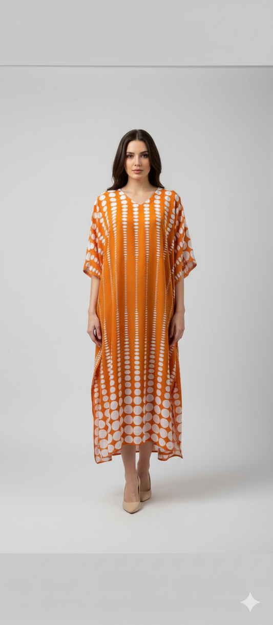 Women's Plus Size Kaftan Handmade Boho Polka Dot Maxi Batwing Loungewear Free Size Up To 36 Orange