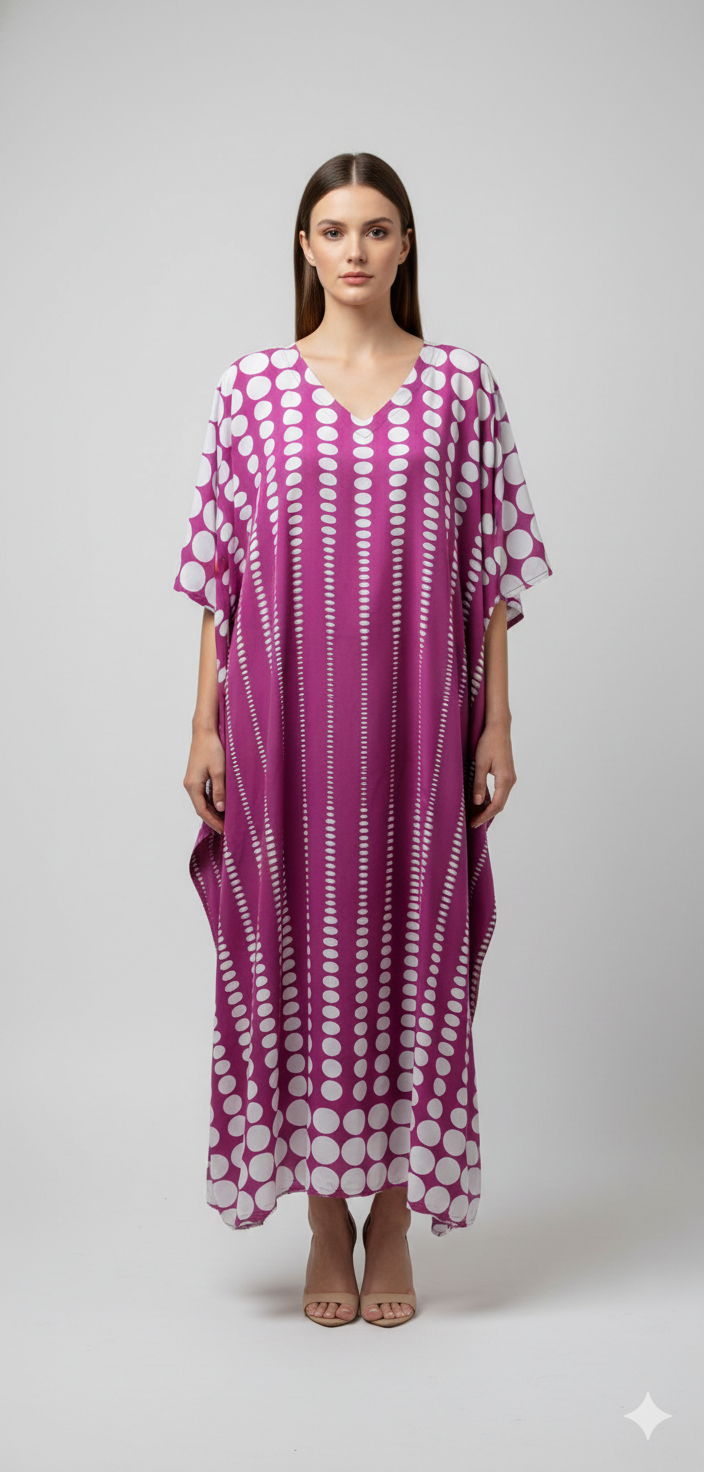 Women's Plus Size Kaftan Handmade Boho Polka Dot Maxi Batwing Loungewear Free Size Up To 36 Purple