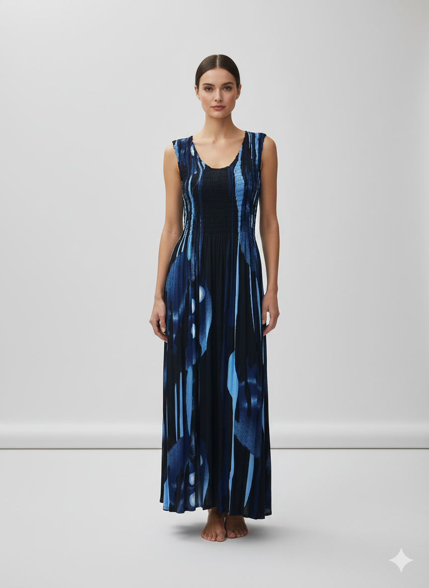 Womens Ladies Plus Size Curve Handmade Boho Abstract Print Maxi Elasticated Sleeveless Dress Free Size Up To UK Size 22 P17
