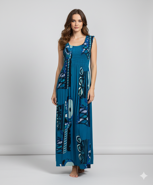 Womens Ladies Plus Size Curve Handmade Boho Abstract Print Maxi Elasticated Sleeveless Dress Free Size Up To UK Size 22 P23