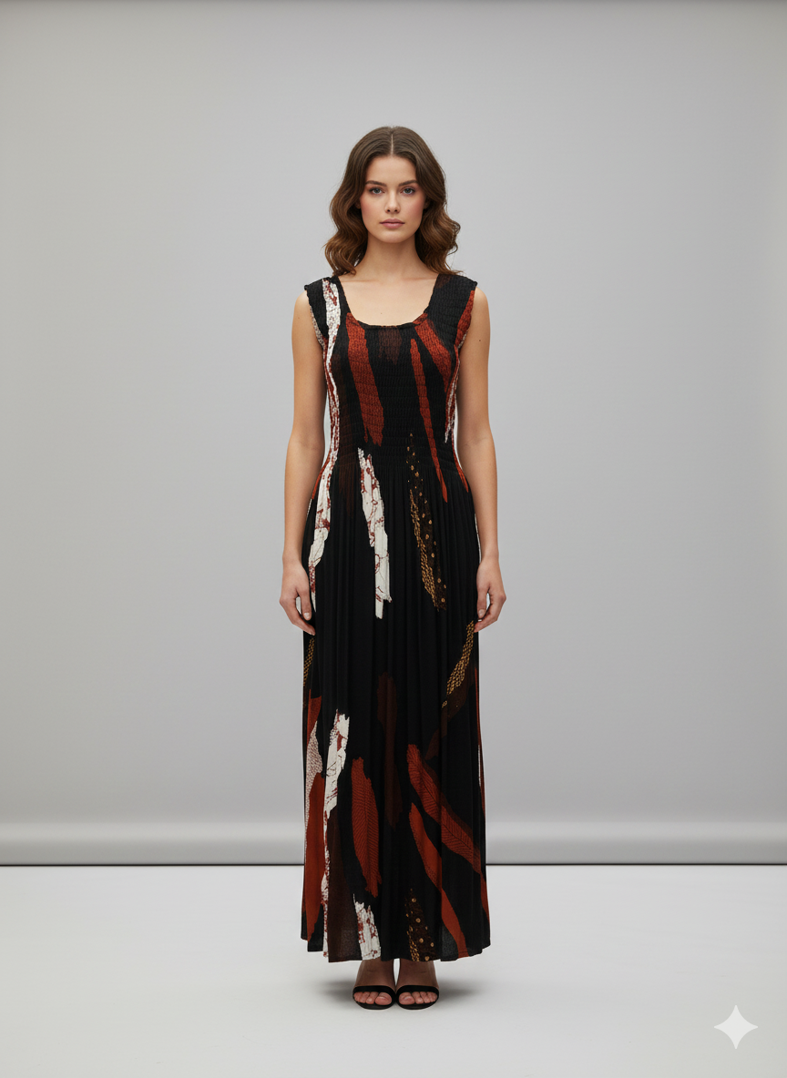 Womens Ladies Plus Size Curve Handmade Boho Abstract Print Maxi Elasticated Sleeveless Dress Free Size Up To UK Size 22 P24