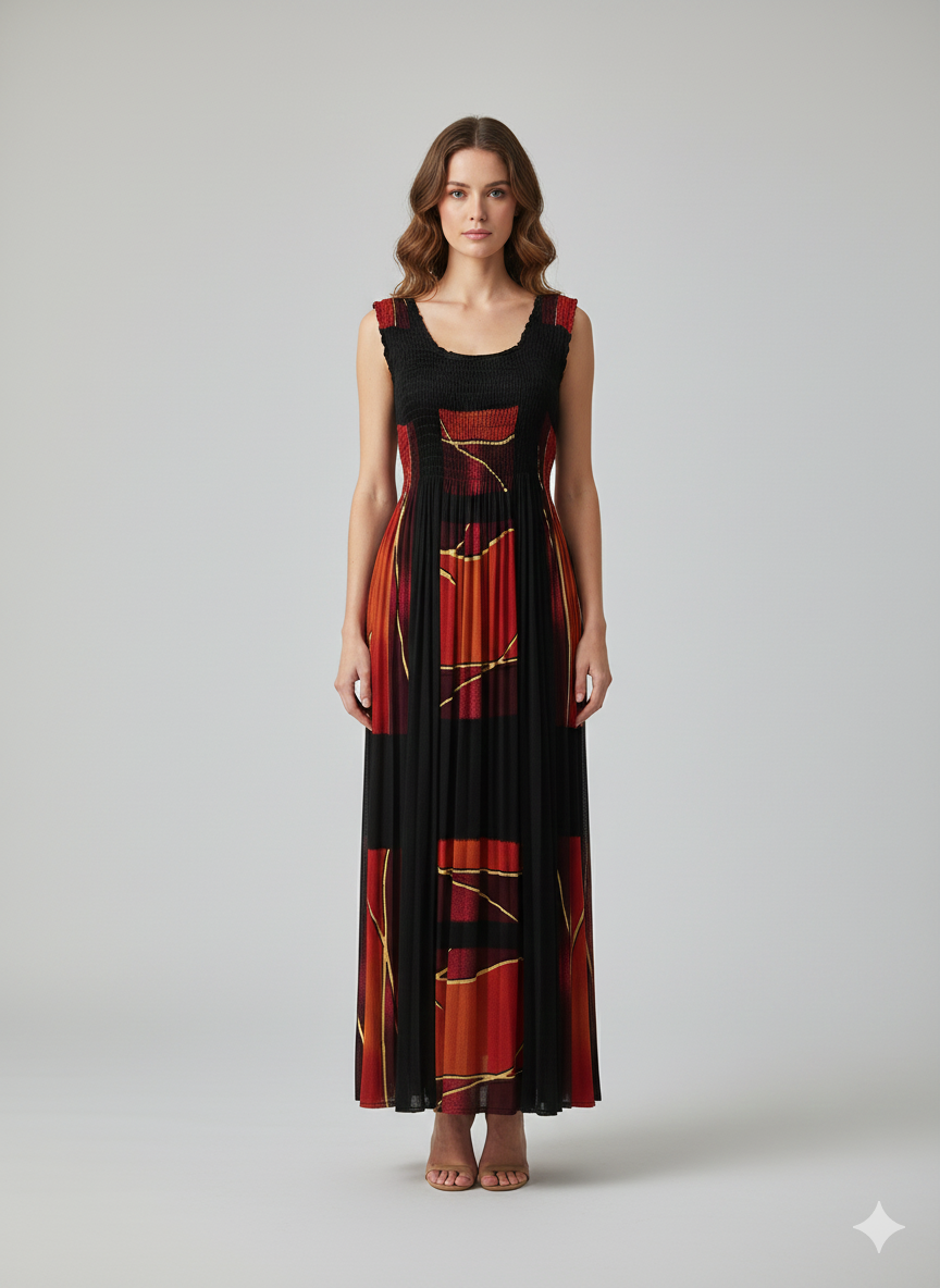Womens Ladies Plus Size Curve Handmade Boho Abstract Print Maxi Elasticated Sleeveless Dress Free Size Up To UK Size 22 P31