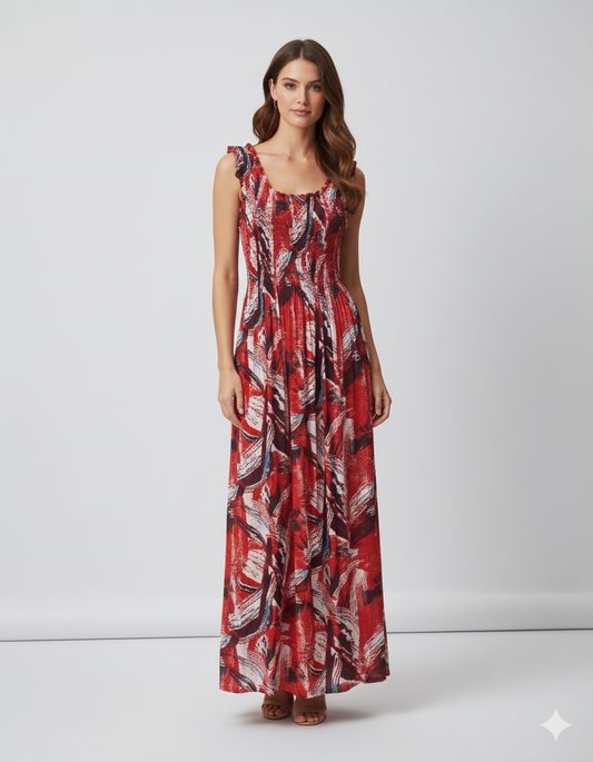 Womens Ladies Plus Size Curve Handmade Boho Abstract Print Maxi Elasticated Sleeveless Dress Free Size Up To UK Size 22 P37