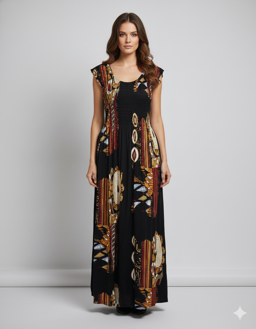 Womens Ladies Plus Size Curve Handmade Boho Abstract Print Maxi Elasticated Sleeveless Dress Free Size Up To UK Size 22 P38