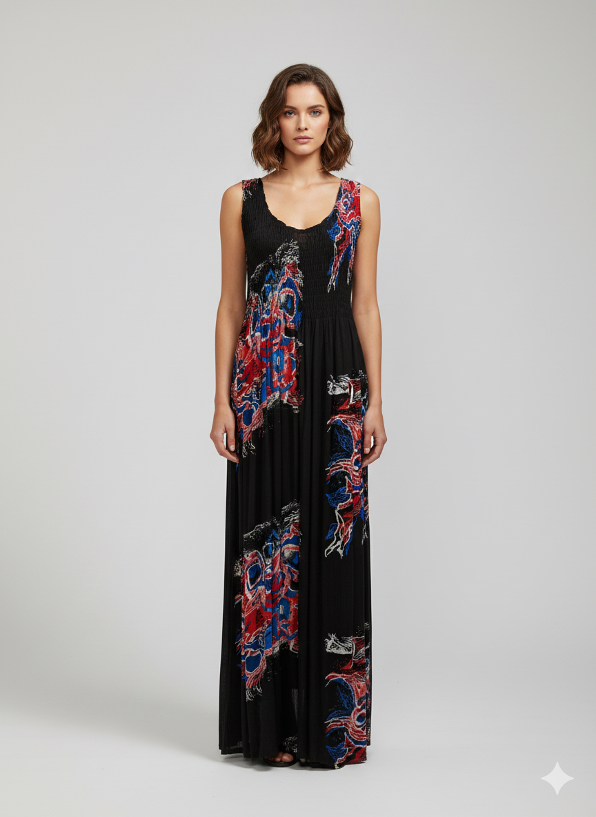 Womens Ladies Plus Size Curve Handmade Boho Abstract Print Maxi Elasticated Sleeveless Dress Free Size Up To UK Size 22 P3