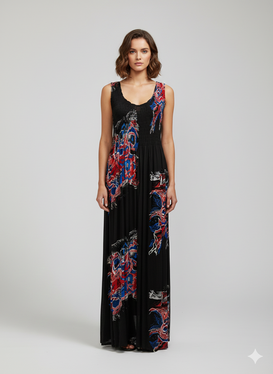 Womens Ladies Plus Size Curve Handmade Boho Abstract Print Maxi Elasticated Sleeveless Dress Free Size Up To UK Size 22 P3