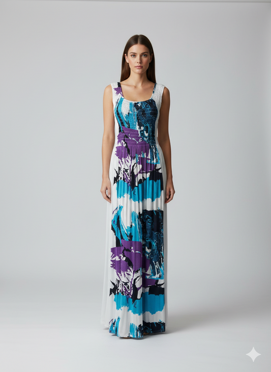 Womens Ladies Plus Size Curve Handmade Boho Abstract Print Maxi Elasticated Sleeveless Dress Free Size Up To UK Size 22 P43