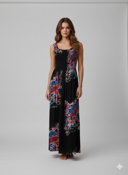 Womens Ladies Plus Size Curve Handmade Boho Abstract Print Maxi Elasticated Sleeveless Dress Free Size Up To UK Size 22 P45