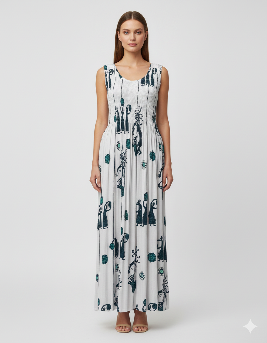 Womens Ladies Plus Size Curve Handmade Boho Abstract Print Maxi Elasticated Sleeveless Dress Free Size Up To UK Size 22 P46