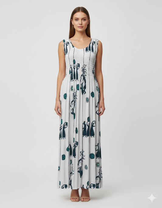 Womens Ladies Plus Size Curve Handmade Boho Abstract Print Maxi Elasticated Sleeveless Dress Free Size Up To UK Size 22 P46