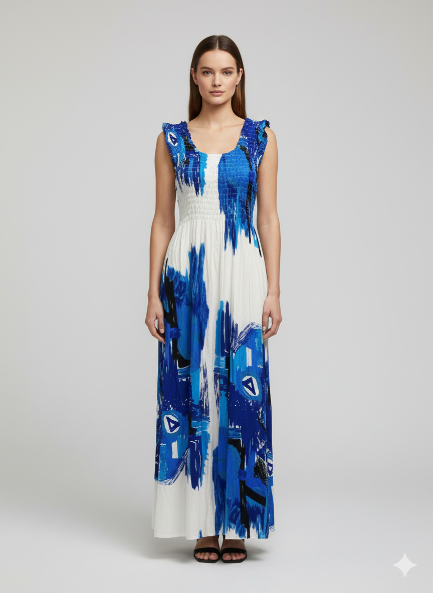 Womens Ladies Plus Size Curve Handmade Boho Abstract Print Maxi Elasticated Sleeveless Dress Free Size Up To UK Size 22 P49