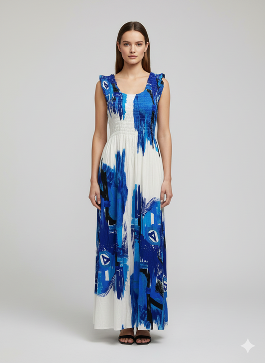 Womens Ladies Plus Size Curve Handmade Boho Abstract Print Maxi Elasticated Sleeveless Dress Free Size Up To UK Size 22 P49