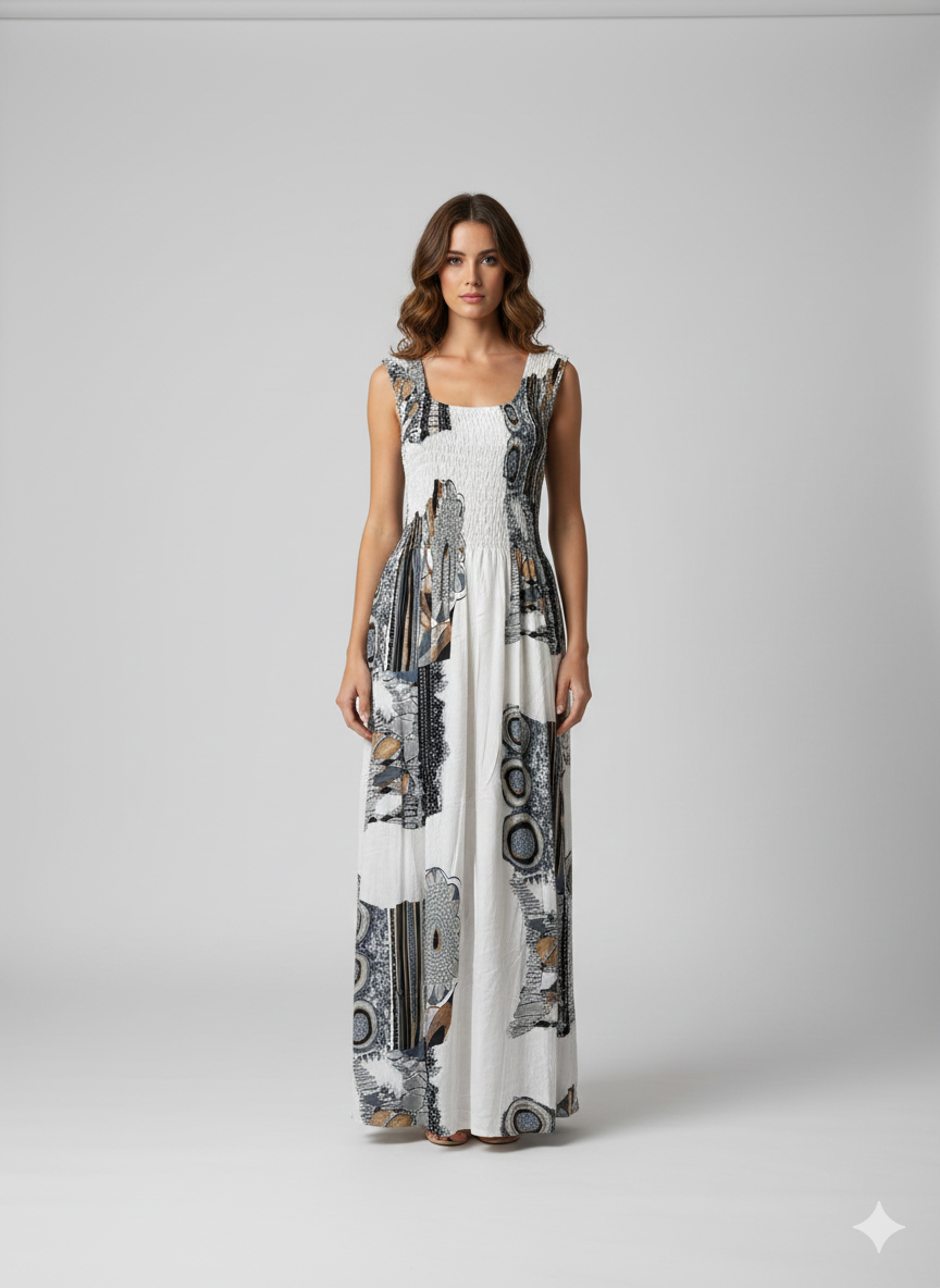 Womens Ladies Plus Size Curve Handmade Boho Abstract Print Maxi Elasticated Sleeveless Dress Free Size Up To UK Size 22 P48