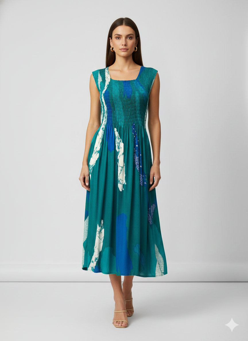 Womens Ladies Plus Size Curve Handmade Boho Abstract Print Midi Elasticated Sleeveless Dress Free Size Up To UK SIZE 24 P1