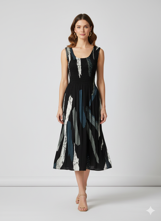 Womens Ladies Plus Size Curve Handmade Boho Abstract Print Midi Elasticated Sleeveless Dress Free Size Up To UK SIZE 24 P4