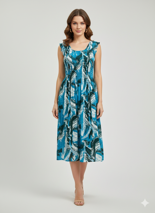Womens Ladies Plus Size Curve Handmade Boho Abstract Print Midi Elasticated Sleeveless Dress Free Size Up To UK SIZE 24 P7