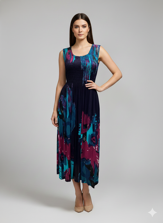 Womens Ladies Plus Size Curve Handmade Boho Abstract Print Maxi Elasticated Sleeveless Dress Free Size Up To UK SIZE 24 P17
