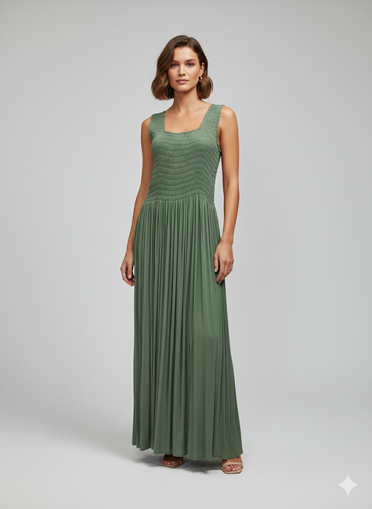 Womens Ladies Handmade Boho Maxi Elasticated Sleeveless Dress Free Size Up To 22 - APPLE