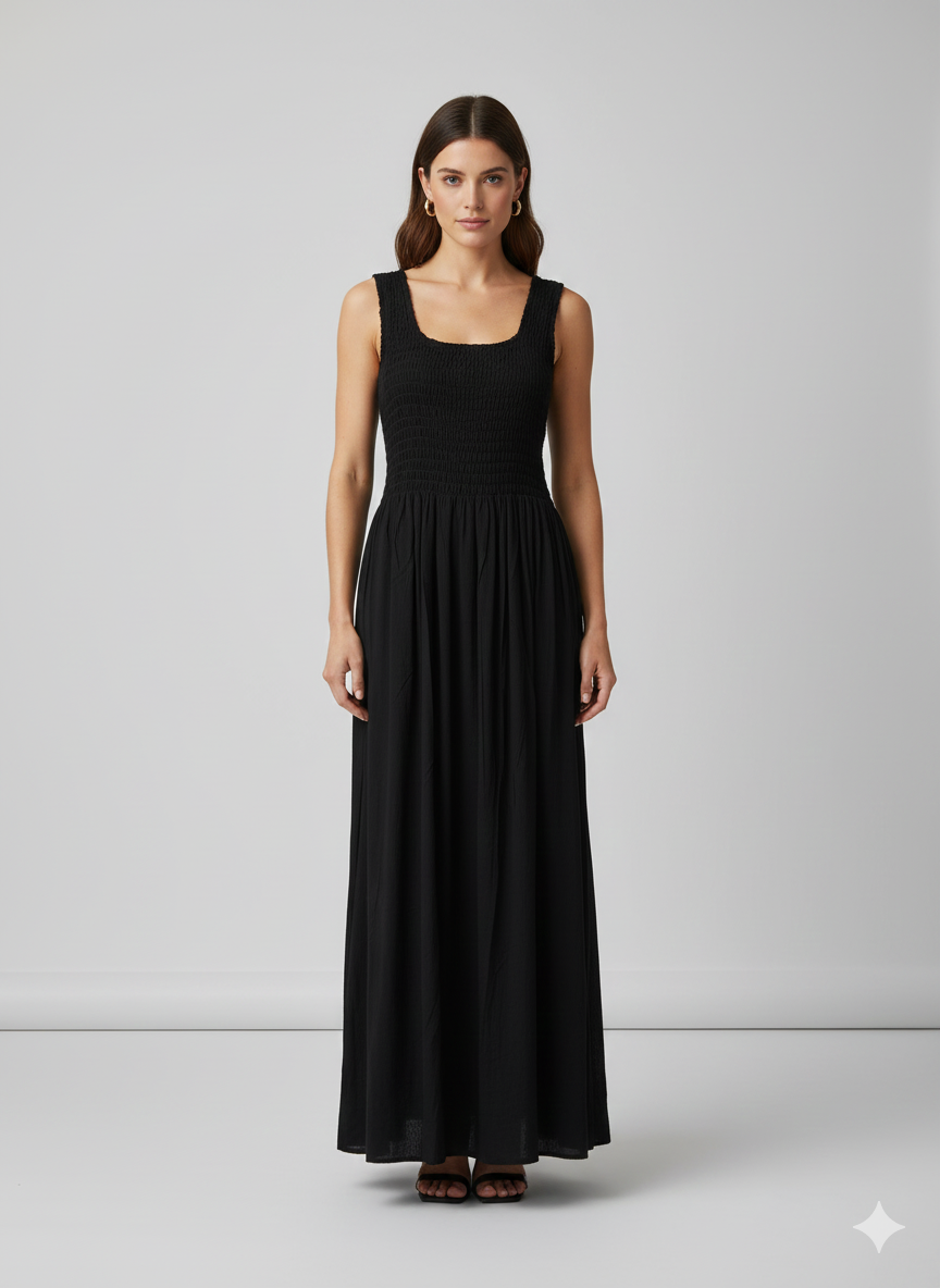 Womens Ladies Handmade Boho Maxi Elasticated Sleeveless Dress Free Size Up To 22 - BLACK