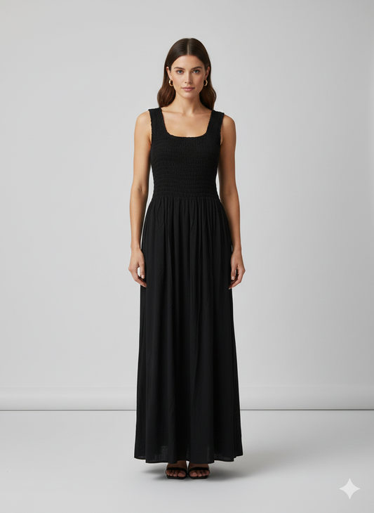 Womens Ladies Handmade Boho Maxi Elasticated Sleeveless Dress Free Size Up To 22 - BLACK
