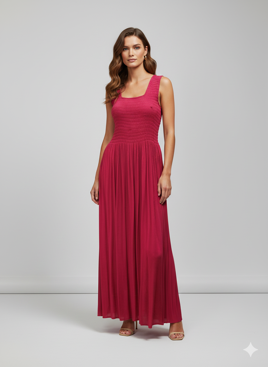 Womens Ladies Handmade Boho Maxi Elasticated Sleeveless Dress Free Size Up To 22 - FUCHSIA