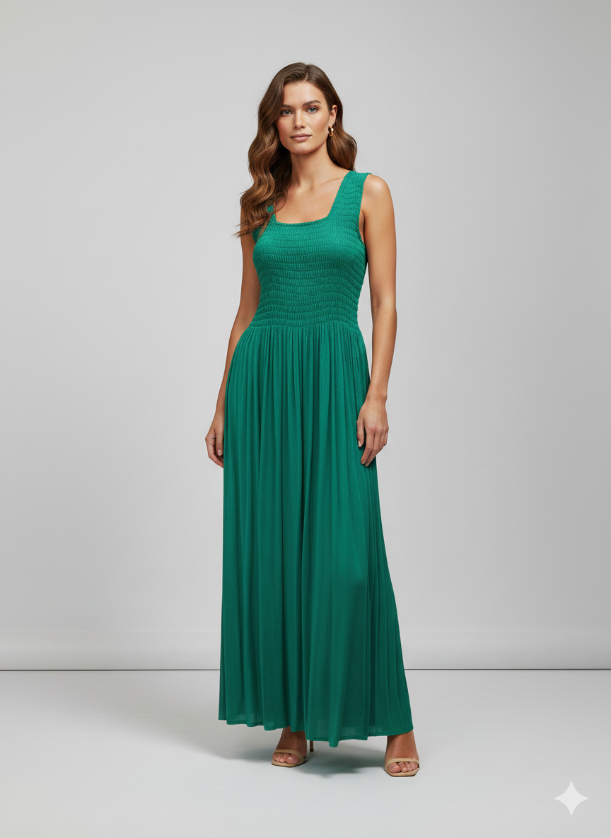 Womens Ladies Handmade Boho Maxi Elasticated Sleeveless Dress Free Size Up To 22 - GREEN