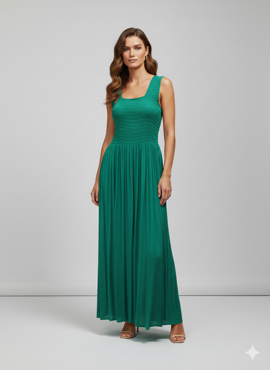 Womens Ladies Handmade Boho Maxi Elasticated Sleeveless Dress Free Size Up To 22 - GREEN