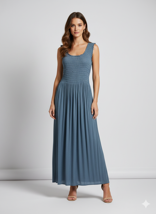 Womens Ladies Handmade Boho Maxi Elasticated Sleeveless Dress Free Size Up To 22 - GREY