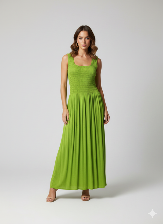 Womens Ladies Handmade Boho Maxi Elasticated Sleeveless Dress Free Size Up To 22 - LIME