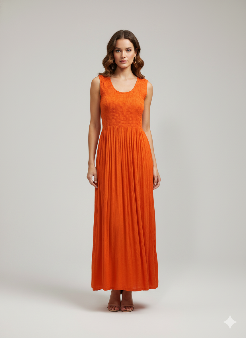 Womens Ladies Handmade Boho Maxi Elasticated Sleeveless Dress Free Size Up To 22 - ORANGE