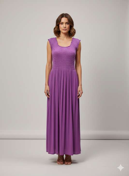 Womens Ladies Handmade Boho Maxi Elasticated Sleeveless Dress Free Size Up To 22 - PURPLE