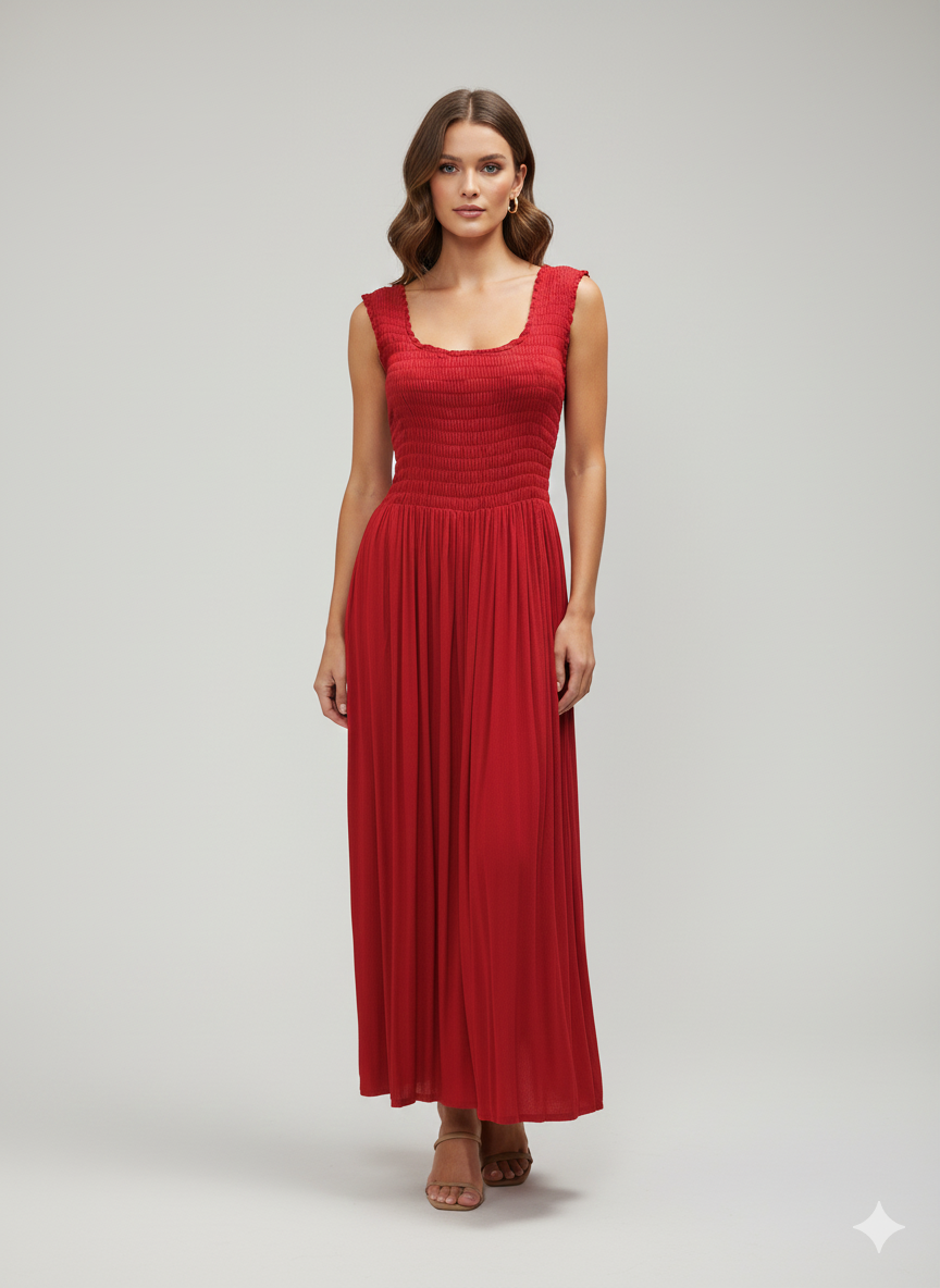 Womens Ladies Handmade Boho Maxi Elasticated Sleeveless Dress Free Size Up To 22 - RED