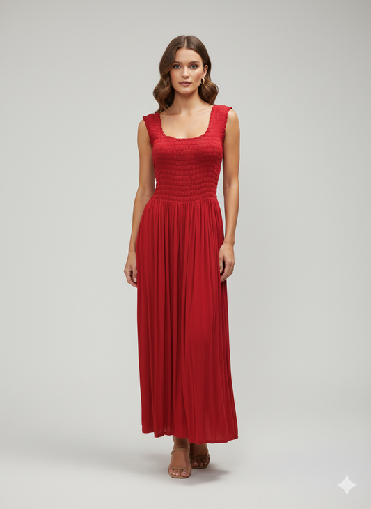 Womens Ladies Handmade Boho Maxi Elasticated Sleeveless Dress Free Size Up To 22 - RED