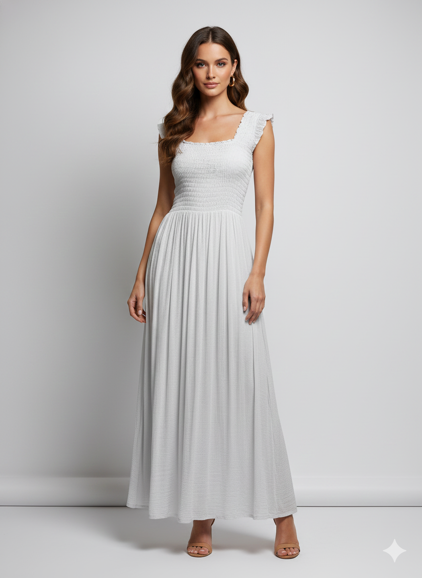 Womens Ladies Handmade Boho Maxi Elasticated Sleeveless Dress Free Size Up To 22 - WHITE